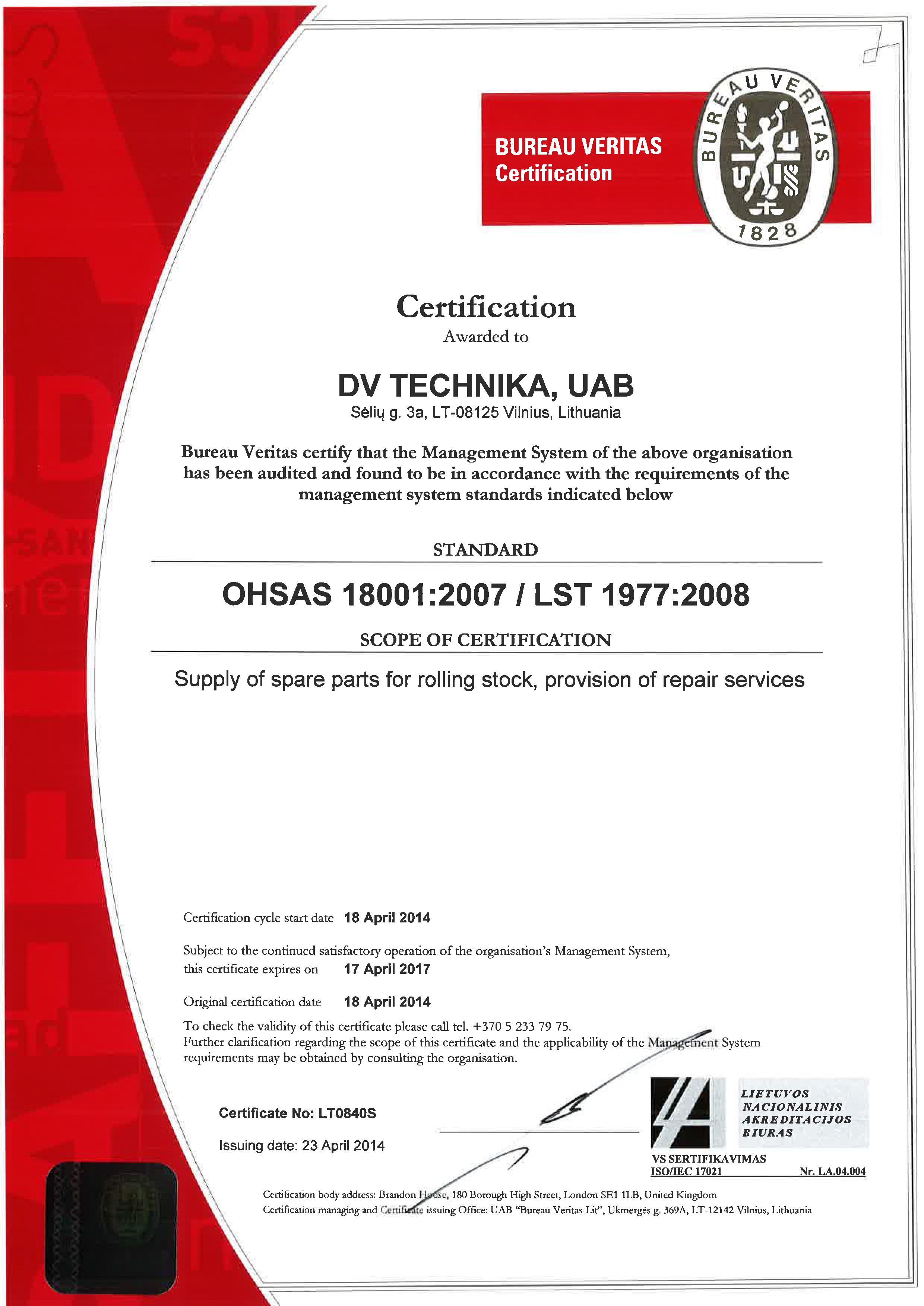 OHSAS 18001 2007 LST 1977 2008 sertification
